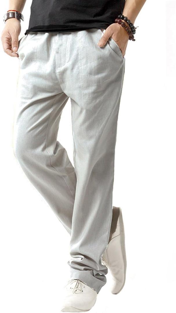 SIR7 Men's Linen Casual Lightweight Drawstrintg Elastic Waist Summer Beach Pants (XXXL)