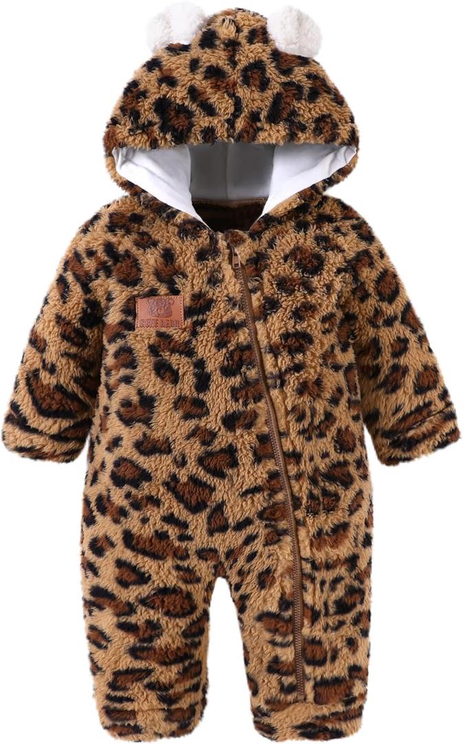Redair Baby Winter Clothes Baby Onesie Plush Hooded Newborn Outfit Infant Costume for Newborn Boys Girls 0-18 Months (Leopard)