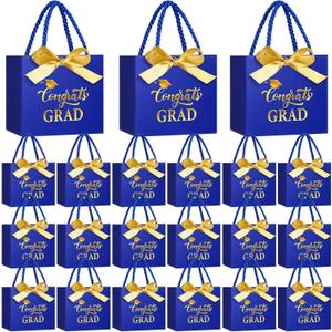 Moinchore 30 Pcs Blue Gold Graduation Gift Bags Bulk 5.5 x 4.7 x 2.5'' Small 2026 Congrats Grad Favor Bags with Handles Bow Ribbon Wrap Graduation Day Paper Party Supplies for College High School