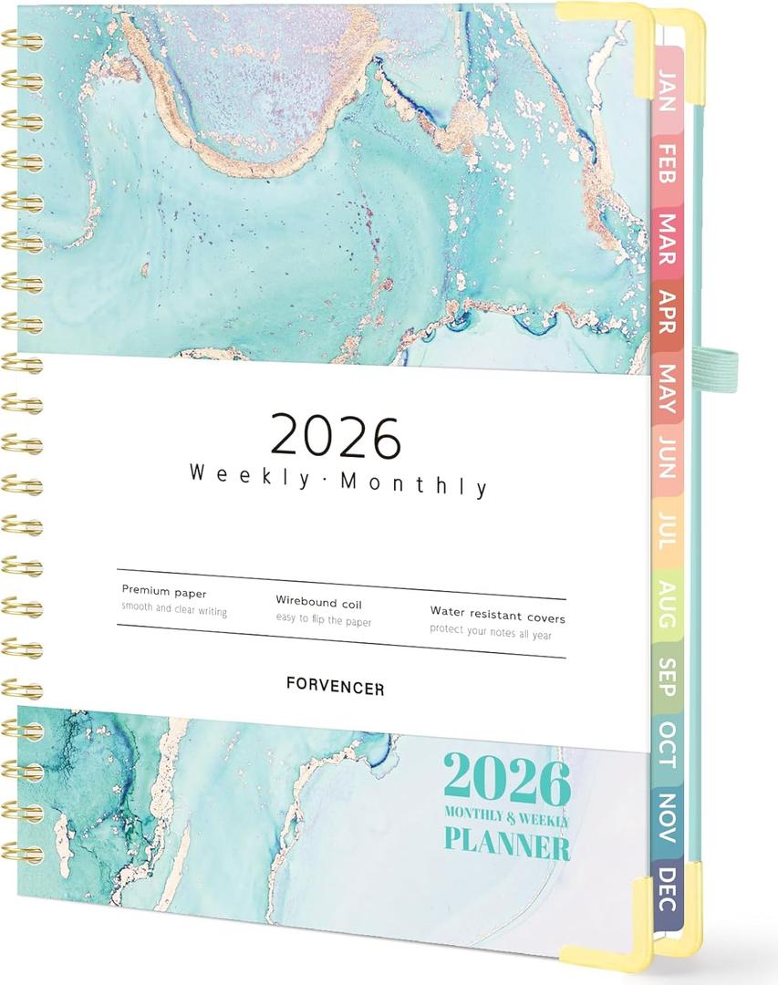 Forvencer 2026 Planner, Hardcover Calendar Planner Weekly and Monthly, Jan 2026 - Dec 2026, 8.5" x 11", Spiral Agenda Book with Tabs, Exquisite Daily Journal Organizer for Home School, Teal Marble