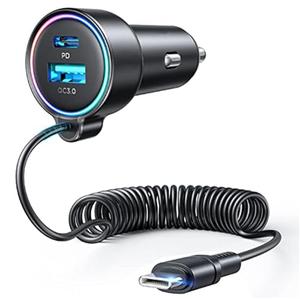 USB C 90W Car Charger for iPhone 17/16 Pro Max, PD & QC3.0 w/5 ft 45W Type Coiled Cable, Fast Car Phone Charger Adapter for iPhone 17Air/15 Pro, Samsung Galaxy S25/S24/S23, Pixel 10/LG/Android, iPad