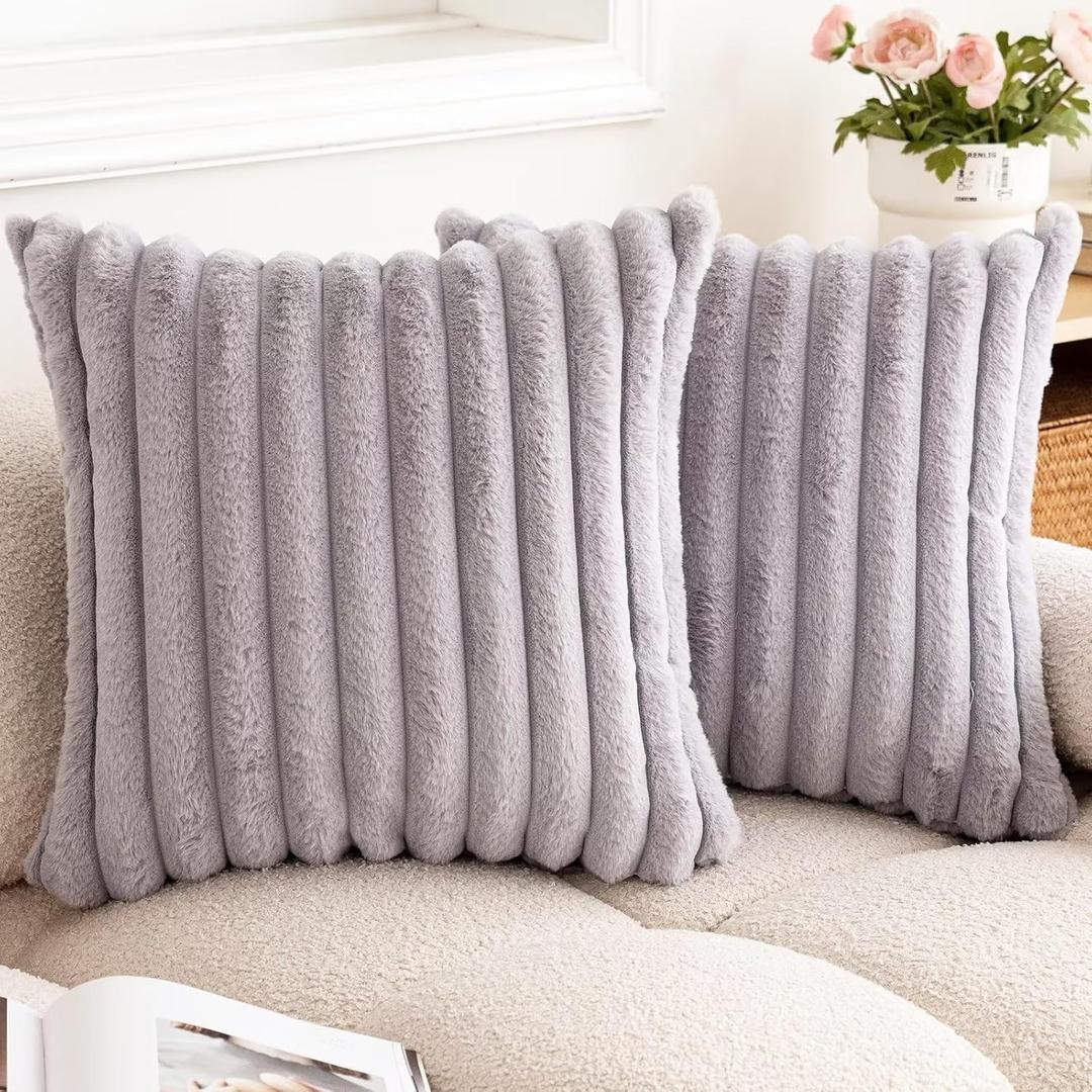 Double-Sided Faux Fur Plush Throw Pillow Covers 18x18 Set of 2 Fuzzy Striped Soft Cozy Pillowcase Luxury Decorative Pillows Square Shaggy Cushion Covers for Couch Sofa Bed,Light Grey