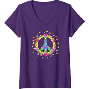 Womens Peace Sign, Flower Power, Hippie, Symbol, Freedom, Love V-Neck T-Shirt L