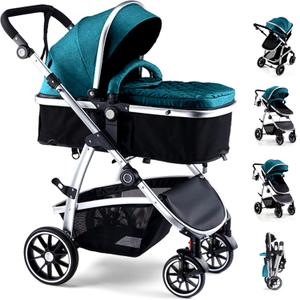 Hagaday Baby Stroller, 2-in-1 Reversible Toddler Seat with Bassinet Mode, Foldable Infant Stroller with Canopy, One Button Brake, Adjustable Handle, Newborn Pushchair(Blue)