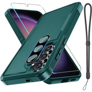 for Samsung Galaxy S25 FE Case with Screen Protector+Camera Lens Cover,Military Grade Heavy Duty Shockproof Phone Cover with Wrist Lanyard Strap for Samsung S25fe,Dark Green