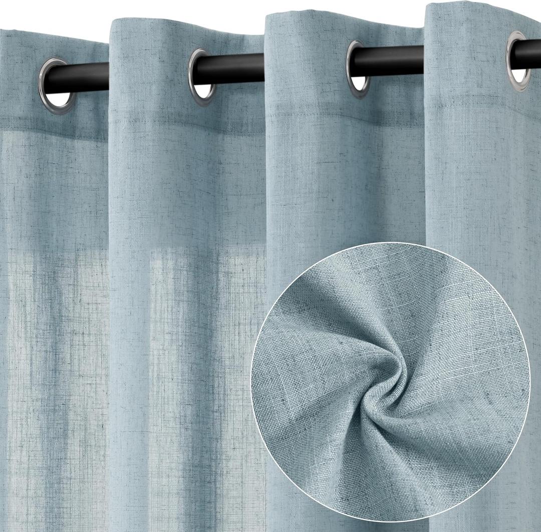 Blue Linen Curtains 108 Inch Length 2 Panels for Living Room Bedroom, Light Filtering Sheer Curtains 108 Inches, Elegant Modern Grommet Semi Sheer Soft Privacy Drapes