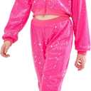 LOLANTA Little Kids Girls' Dance Costumes Sparkly Sequin Jacket & Pants Dance Set Zipper up Coat Outerwear (Rosered, 5-6 Years)