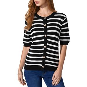 OYOANGLE Women's Short Sleeve Sweater Spring Summer Crochet Knit Top V Neck Striped Button Down Dressy Casual Blouse (M)
