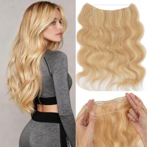 Rich Choices Halo Hair Extensions Real Human Hair Wavy Invisible Wire Remy Hairs Halo Extension for Women One Piece Clip in Hairpiece 16 Inch #18P613 Ash Blonde Highlight Bleach Blonde