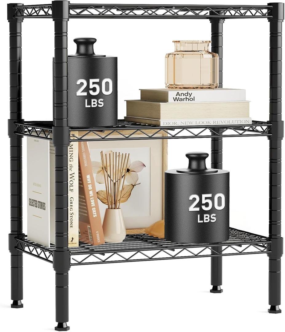 OLIXIS 3 Tier Storage Shelves, Metal Wire Rack Shelving Unit, Adjustable Heavy Duty Standing Shelf Organizer for Closet Bathroom Kitchen Garage Laundry Pantry, 13.8" D x 23.6" W x 30" H (Black)