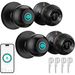 JO.KO 2 Pack Fingerprint Door Lock, Biometric with App Control & Key, Smart Door Knob for Bedroom, Entry Door, Keyless Finger Print Door Knob with Thumb Print Black, Different Keys