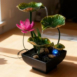 AOZITA Tabletop Fountain, Indoor Waterfall Fountain, Tall Home Decor Zen Relaxation Soothing Sound Machine for Office, Living Room, or Bedroom, Green Metal Lotus with Flower, River Rocks, LED (10.6")