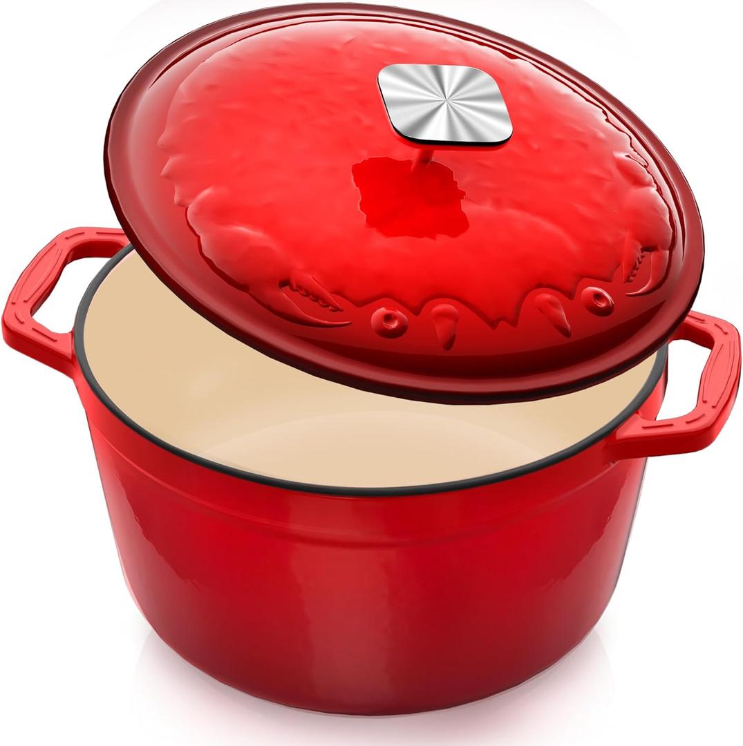 Enameled Cast Iron Dutch Oven - 5 Quart, Exclusive Designed Crab Lid, Oversized Knob, for Bread Baking Braiser Cooking - Red