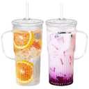 QWEZXO Handmade Glass Cup with Lids and Straws 20 oz Tumbler with Handle Ice Coffee Cup 2 Pack for Cold/ Hot Drinks