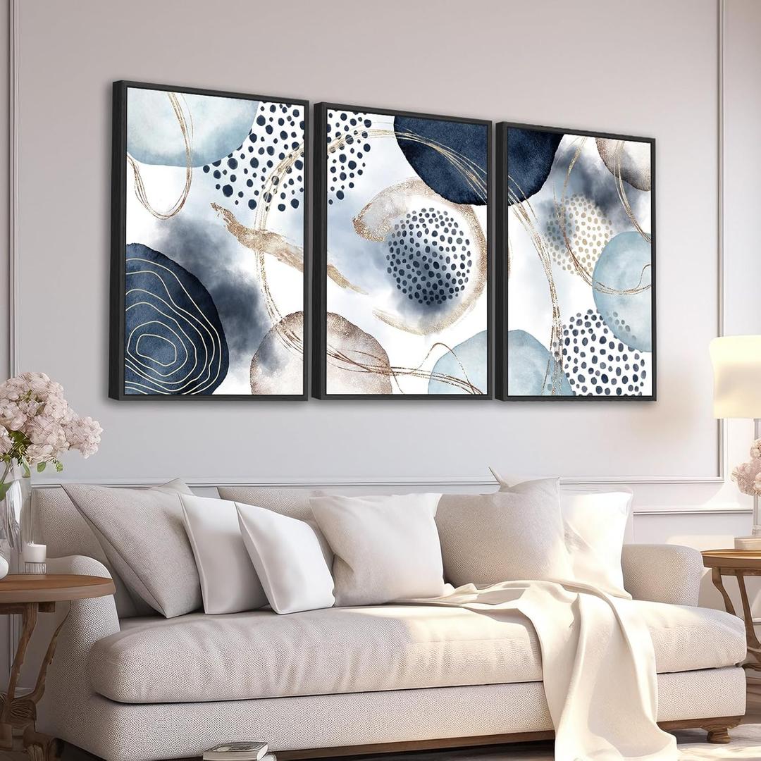 Large Framed Canvas Wall Art 16"x24" Set of 3, Shapley Blue Abstract Painting Watercolor Prints Geometric Block and Line Minimalist Artwork for Living Room Bedroom Office Kitchen Home Decor