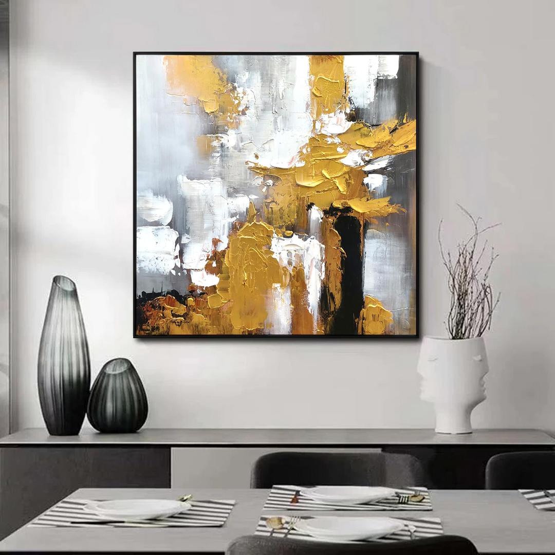 Large 3D Textured Black and White Abstract Wall Art for Hallway,Hand Painted Luxury Gold & Black Oil Painting for Office, Framed Modern Abstract Wall Decor for Living Room Ready to Hang 40x40 Inches