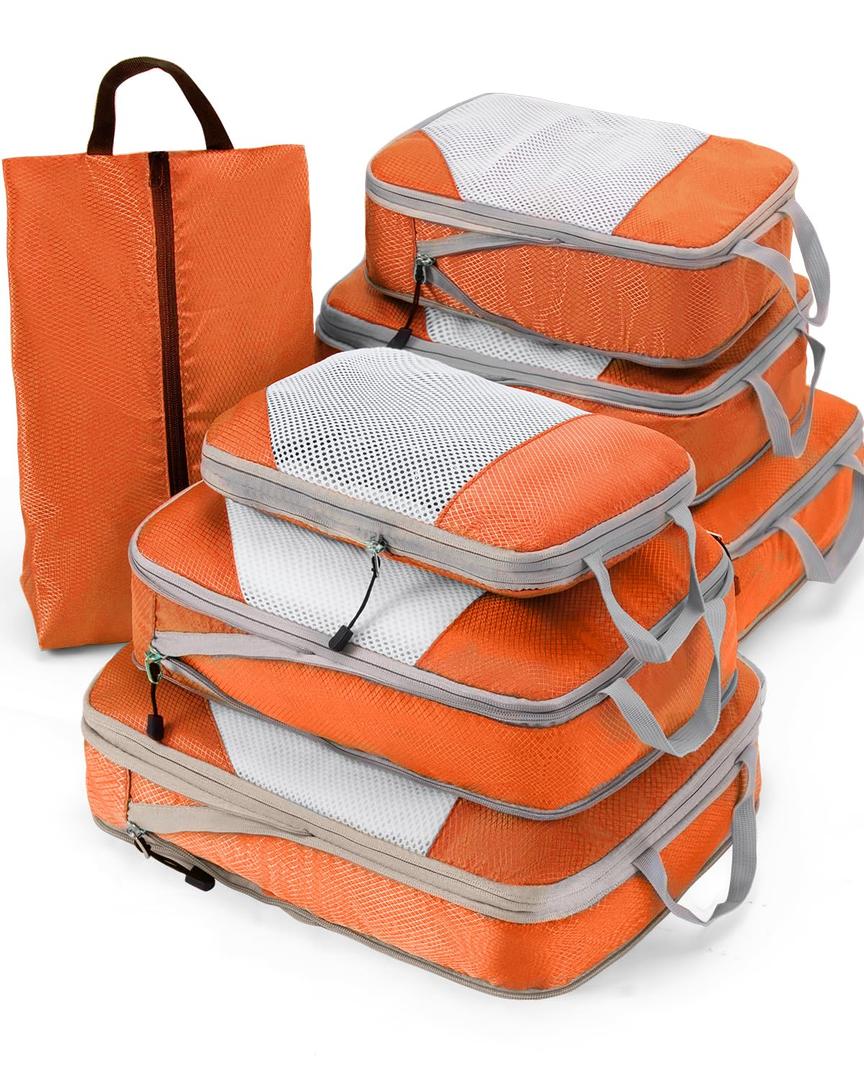 Meowoo 7 Set Compression Packing Cubes for Travel, Durable Ripstop Mesh Suitcase Organizer with Shoe Bag, Ultralight & Expandable Space Saver Travel Cubes