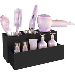 Hair Tool Organizer, Detachable Acrylic Hair Dryer Holder for Bathroom, Hair Styling Accessories Curling Iron Hot Tools Organizer with 3 Cups, Countertop Vanity Storage (Matte Black)