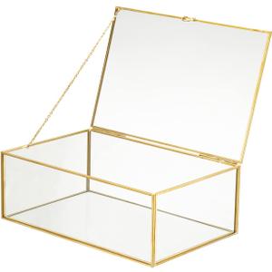 Vintage Glass Jewelry Box Keepsake Box with Hinged Lid and Mirrored Bottom, Great for Storage Trinket/Jewelry/Card/Photo, Gold Decorative Box for Dresser, Extra Large, Gold/Transparent