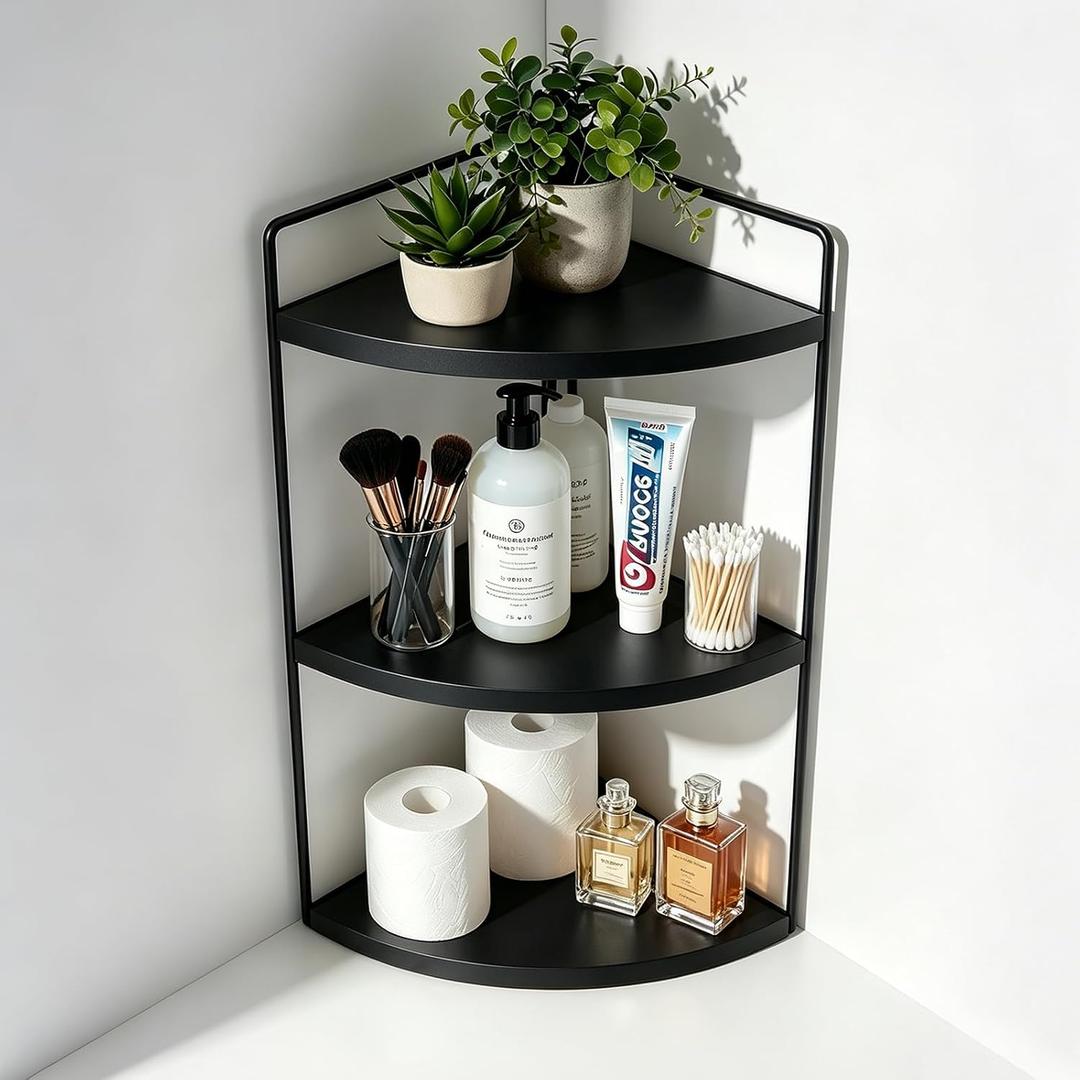 Corner Bathroom Countertop Organizer, 3-Tier Corner Shelf for Vanity & Bathroom Counter, Rustic Wood Standing Rack for Cosmetics & Skincare, Space Saving Storage for Toiletries, Sturdy Metal, Black, 11.7 inches x 7.5 inches x 17.3 inches