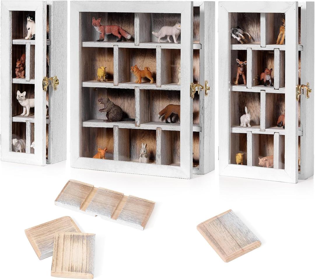 DoubleFill Set of 3 Wooden Trinket Display Shelf Shadow Box with Shelves 10 x 15 Inch Large Wall Mounted Display Storage Mini Figures Curio Trinket Medals Crafts Collections (Antique White, Box Shape)