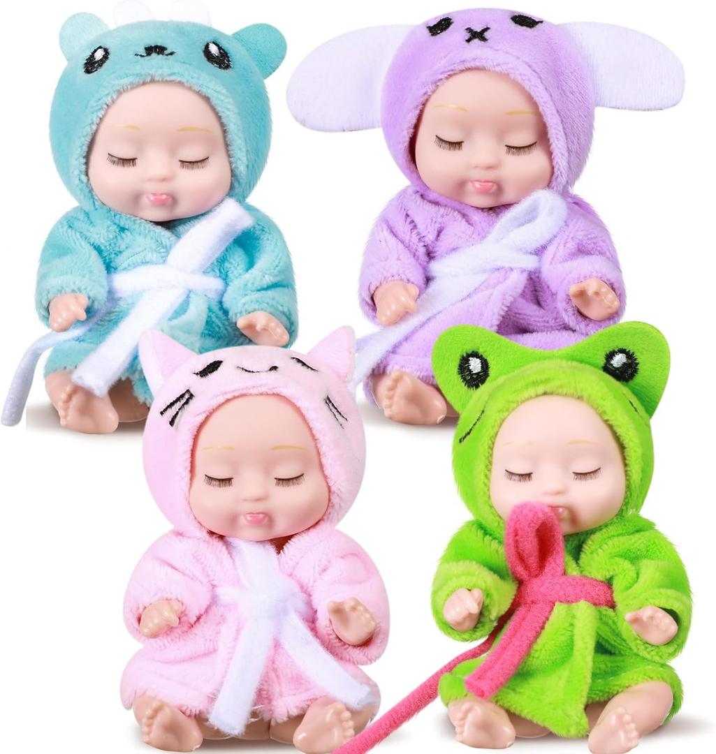 Hanaive 4 Pcs 4 Inch Mini Baby Dolls Lifelike Realistic Baby Dolls Animal Clothes Cute Tiny Gifts for Kids Birthday Party(Robe Style)
