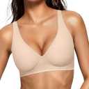 OEAK Womens Deep V Bras Wireless Comfortable Bra Supportive No Underwire Bras Tshirt Push Up Bralettes Plunge Seamless Bra (Large, Skin Color)