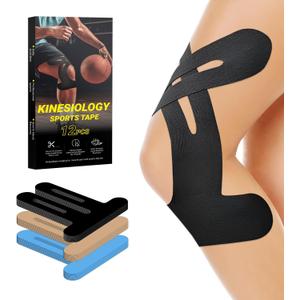Precut Kinesiology Tape for Knees 10 Pcs, Knee Tape for Knee Pain Relief Pre Cut - Brace & Elastic Supports - Waterproof & Breathable Hypoallergenic Latex - Athletic Tape Black