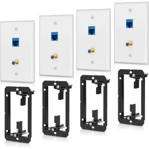 4 Pack Ethernet Coax Wall Plate 2 Port Cat6 RJ45 F Type Keystone Jack Connector with Single Gang Low Voltage Mounting Bracket