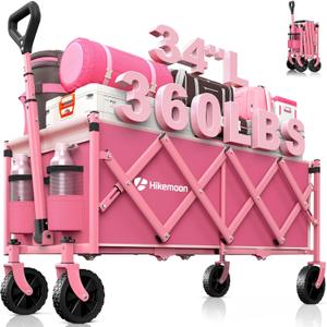 34'' Extra Long Collapsible Wagons Carts Foldable, 360LBS Heavy Duty Folding Beach Wagon Cart with Wheels, Portable Utility Outdoor Wagon for Grocery, Shopping, Garden, Sports, Camping, Pink