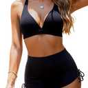Womens High Waisted Swimsuits with Boy Shorts Brazilian Triangle Top Stripes Halter Bikini Two Piece Bathing Suits (Large, Black)