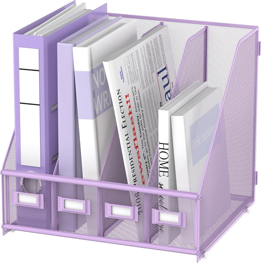 4-Compartment Magazine File Holder and File Organizer for Desk, Purple | Metal Magazine Holder and Magazine File Holder, 4-Compartment File Organizer for Binders Folders Magazines and Paper