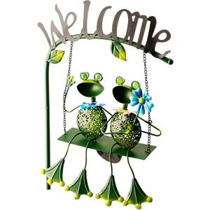 Solar Frog Garden Stake Lights Outdoor Waterproof, Frog Couple Swing Yard Light with Welcome Sign, Metal Garden Decor for Yard Pathway Porch, Garden Stake Light Gift for Women Mom (48 Inch)