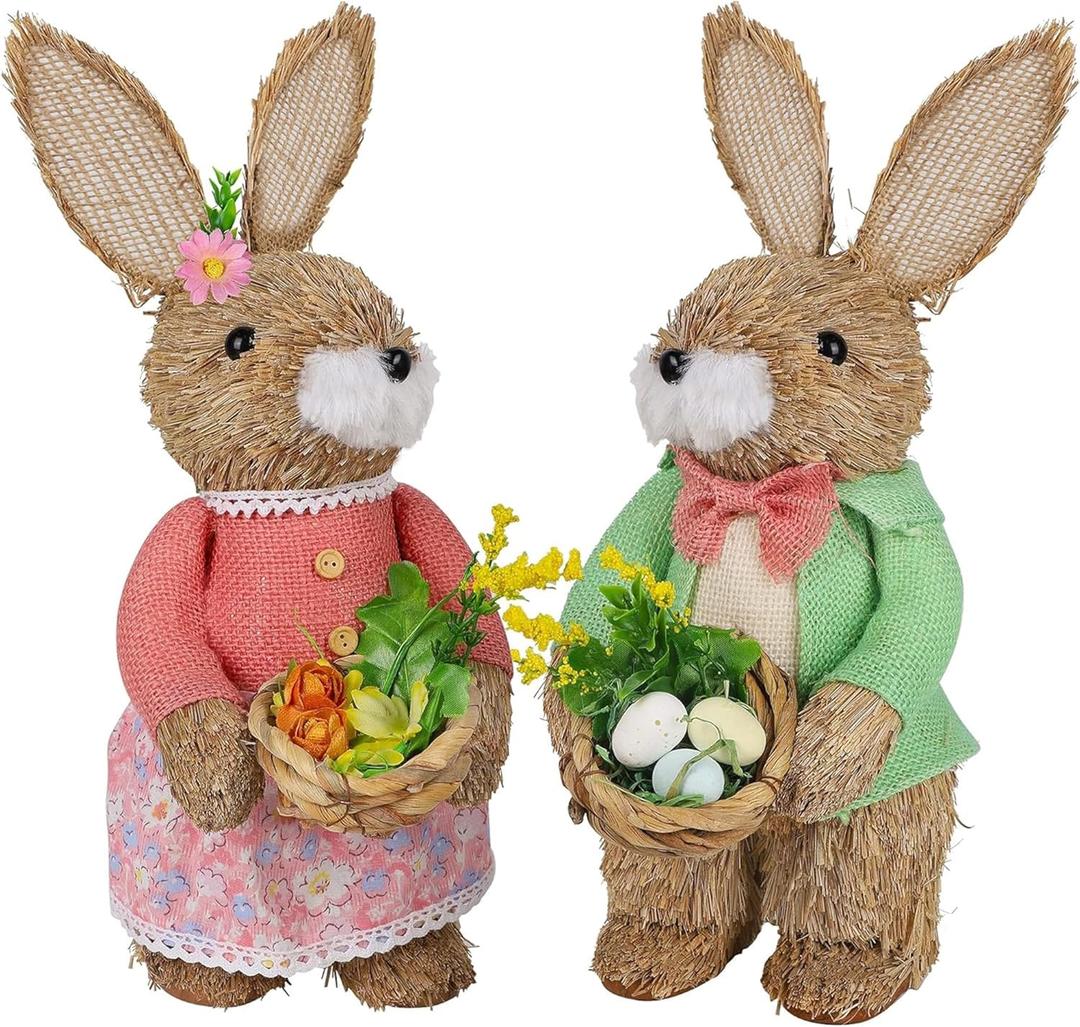 Juegoal Set of 2 Easter Standing Bunny Couple, 13.8" Handmade Straw Bunny Figurine, Easter Rabbits Tabletop Statues, Cute Rabbit Photo Props Gifts for Office Kitchen Farmhouse Spring Home Decor