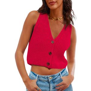 Saodimallsu Womens Cropped Sweater Vest V Neck Button Down Y2k Crop Knit Summer Trendy Sleeveless Chunky Tank Tops (Red)
