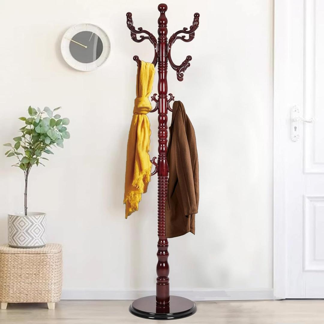 Wooden Coat Rack Freestanding, Hall Tree Hanger With Resin Hooks, Adjustable Heavy Duty Coat Rack for Hanging Clothes Bags Hats in Living Room Bedroom (coat rack, Round Base-Rosewood Color)