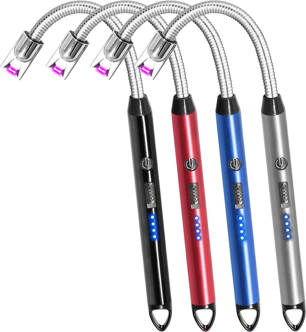 4 Pack Candle Lighter Electric Rechargeable Arc Windproof Lighters Flexible Neck Long Rotate 360 Plasma Lighter USB Flameless Lighters Candles Grill BBQ (Black+red+blue+silver)