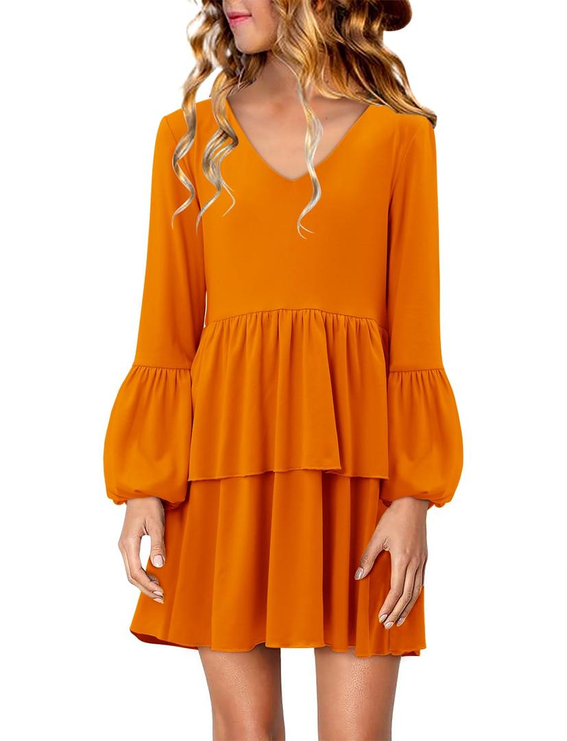storeofbaby Solid Long Sleeve Dress for Girls Winter Stylish Tiered Midi Dresses Orange 10-11 Years (Orange)