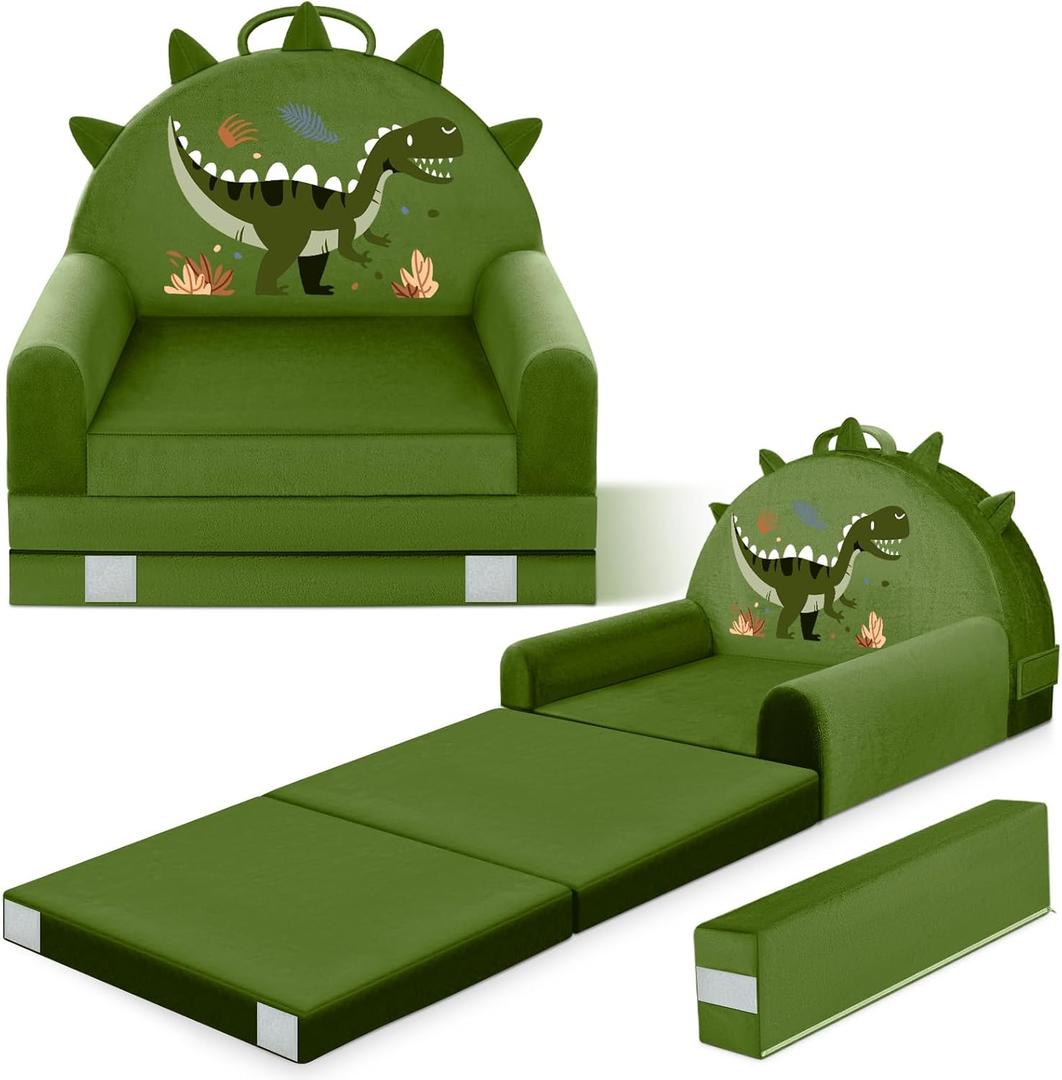 Dinosaur Kids Sofa Bed with Removable Washable Cover & Hook and Loop Backrest  Foldable Toddler Chair, Cozy Crystal Velvet Furniture for Playtime, Naps & Travel (Dark Green, Dino Design)