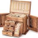 Jewelry Box Organizer, Solid Wood Jewelry Boxes for Women for Storage & Display Necklace Ring Earring Bracelet, Rustic Style Jewelry Organizer Box for Women Gifts (Carbonized Brown)