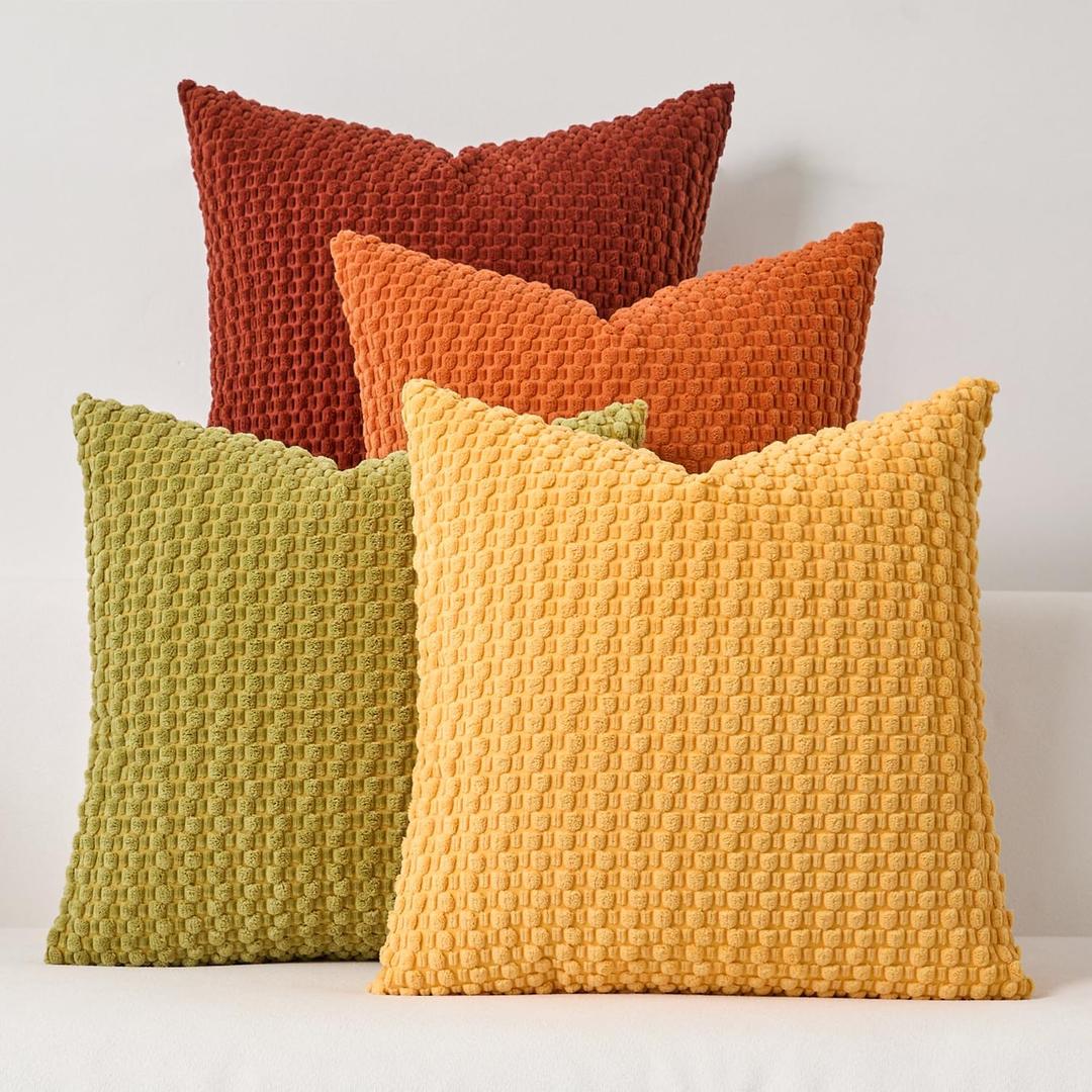 Kevin Textile Fall Throw Pillow Covers Pack of 4 Super Soft Boho Corduroy Decor Pillow Cases Mix and Match Colors Plush Texture Accent Pillows for Sofa Couch Living Room 16x16 Inch, Yellow/Green