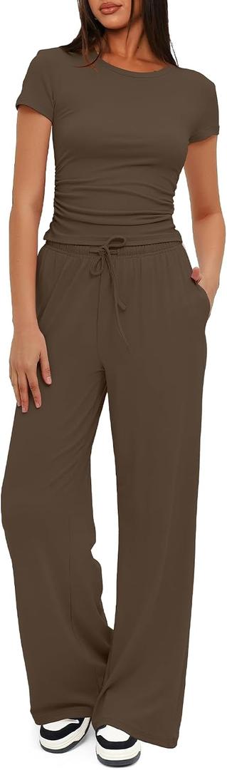 Darong Women's 2 Piece Summer Outfits Lounge Sets Side Ruched Short Sleeve Crop Top & Wide Leg Pants Matching Tracksuit (Brown, M)