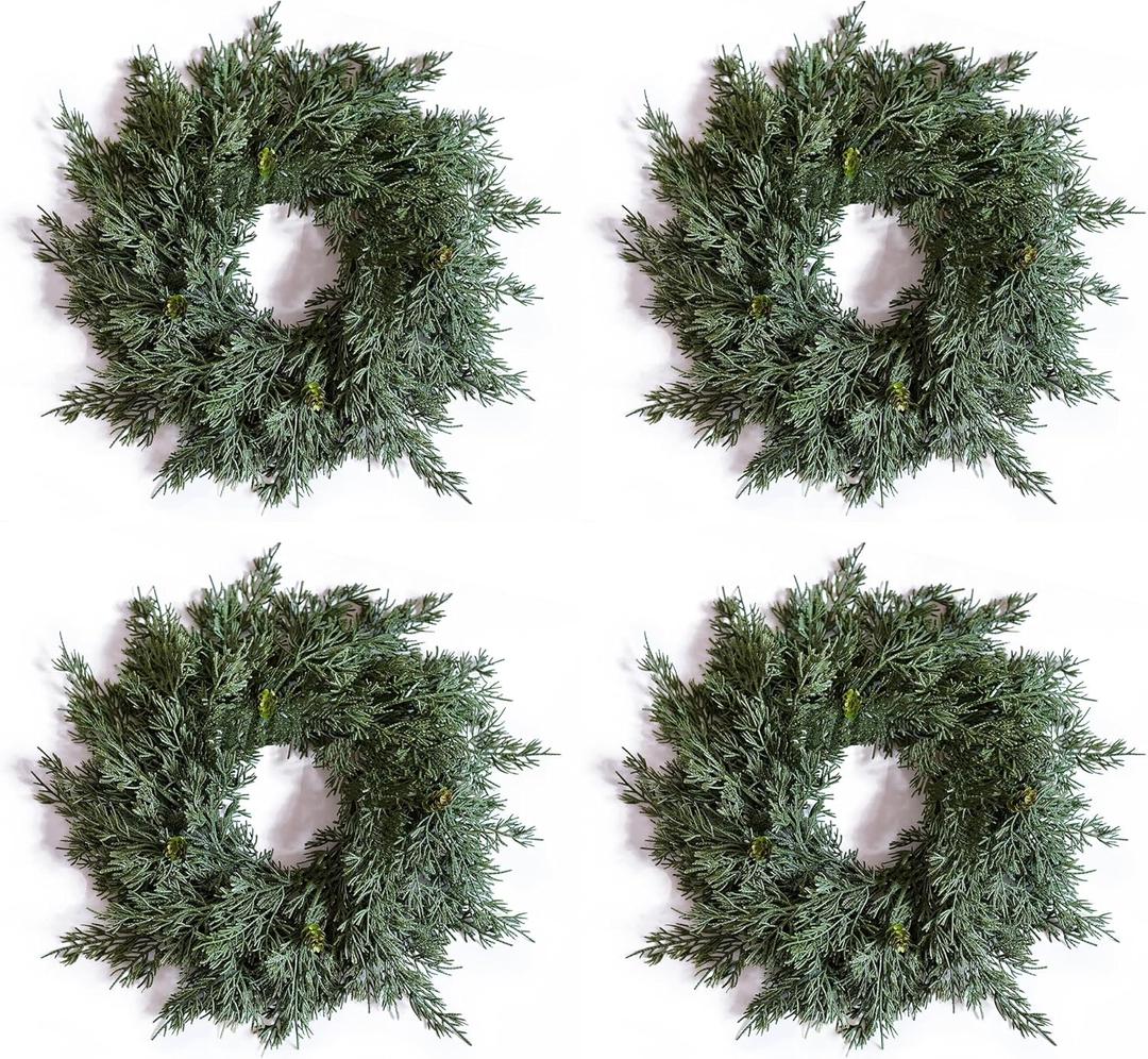 SEVENLOVE 14 Inch 4 Pack Candle Wreath for Centerpiece, Mini Cypress Wreath with Pinecone for Christmas Farmhouse Table Decoration Xmas Table Centerpiece (4, 14In)