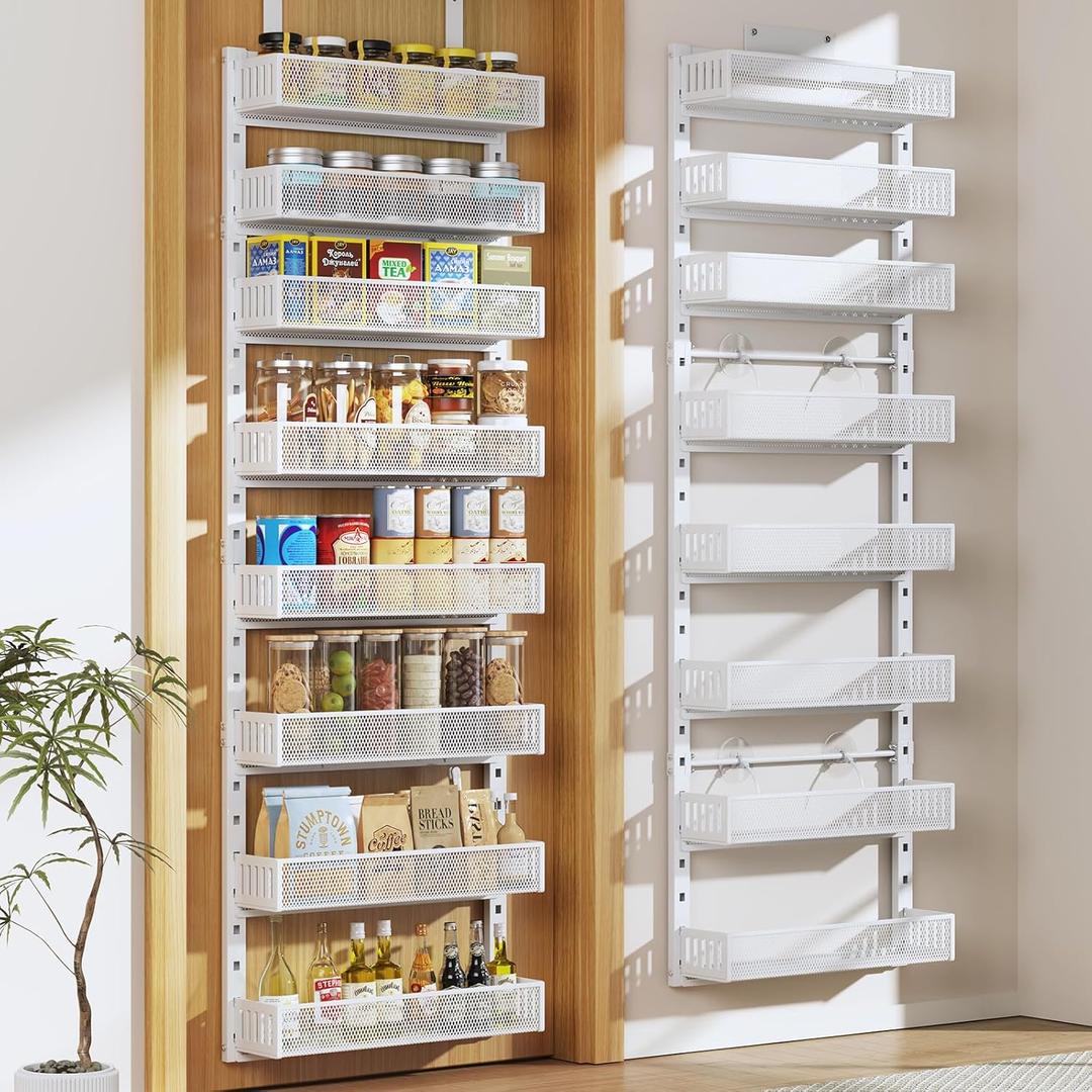 Pantry Door Organizers and Storage, 8-Tier Large Metal Heavy-Duty Frame Over the Door Spice Rack, 2 in 1 Wall-Mounted or Hanging shelf for Kitchen, Bathroom, Laundry Room, Bedroom, Closet &Nursery (White)