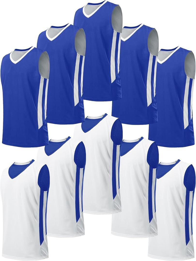 10 Pack Youth Boys Reversible Mesh Performance Athletic Basketball Jerseys Blank Team Uniforms for Sports Scrimmage Bulk (Medium)
