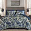 DJY Paisley Comforter Set King Size 7 Piece, Navy and Gold Boho Bed in a Bag, Soft Microfiber Paisley Pattern Complete Bedding Set for All Season (Navy Blue Gold, 104''x90)