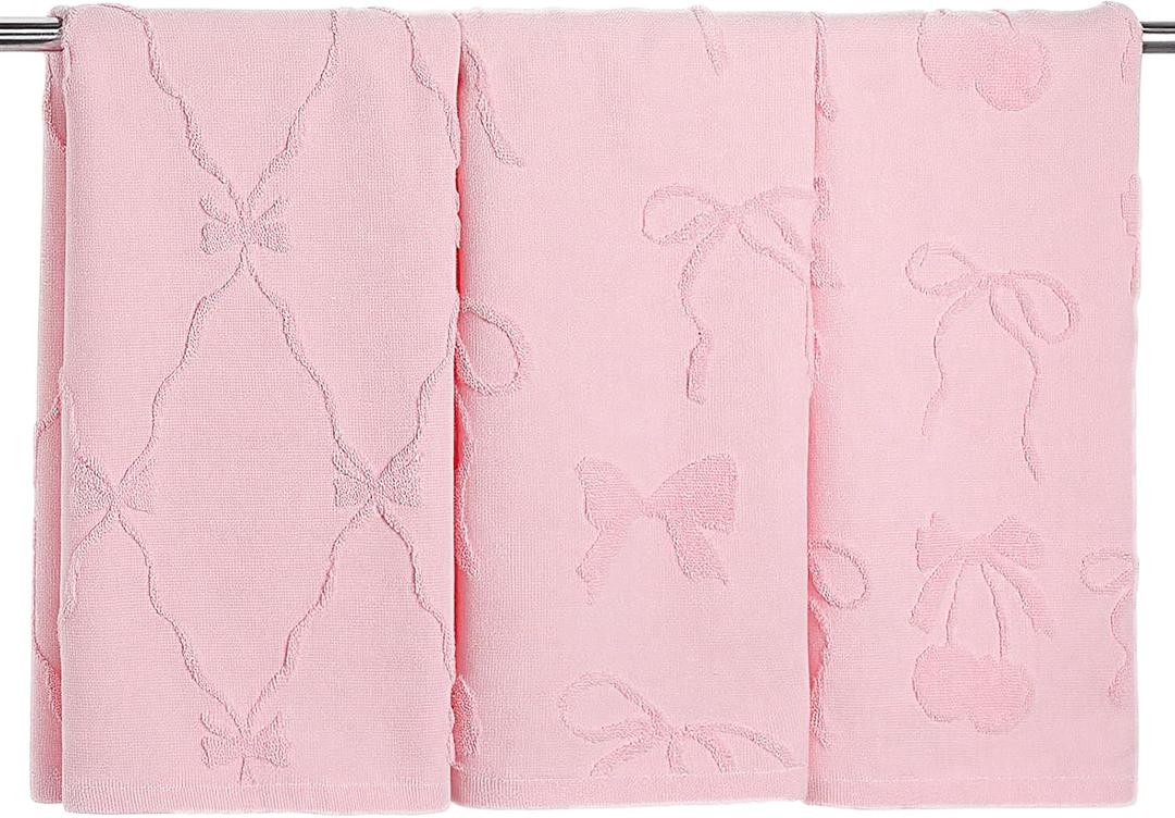 Hahafelt 3 Pack Pink Bow Hand Towels Coquette Bow Bathroom Decor Dish Towels 100% Cotton Soft Absorbent Decorative Jacquard Weave Gifts for Kitchen Bathroom Decor, 29.5 x 13.7 Inch