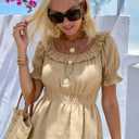 Womens Short Sleeve Babydoll Tops Square Neck Ruffle Peplum Blouse Smocked Loose Fit Tunic Top Dressy Tee Shirts (Beige)