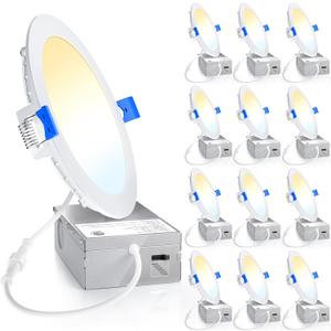 Ensenior 12 Pack 6 Inch Ultra-Thin LED Recessed Light with Junction Box, 2700K-6000K Selectable, 12W 110W Eqv, Dimmable, 1050LM High Brightness - ETL Certified (6000k/5000k/4000k/3500k/3000k/2700k - 6cct white)