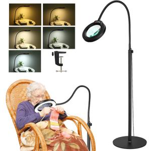 8X Magnifying Glass with Light and Stand, Krstlv 24" Flexible Gooseneck Magnifying Floor Lamp, 3-in-1 LED 5 Color Modes Stepless Dimmable Lighted Magnifier Hands Free for Close Work, Hobby, Esthetican (Black)